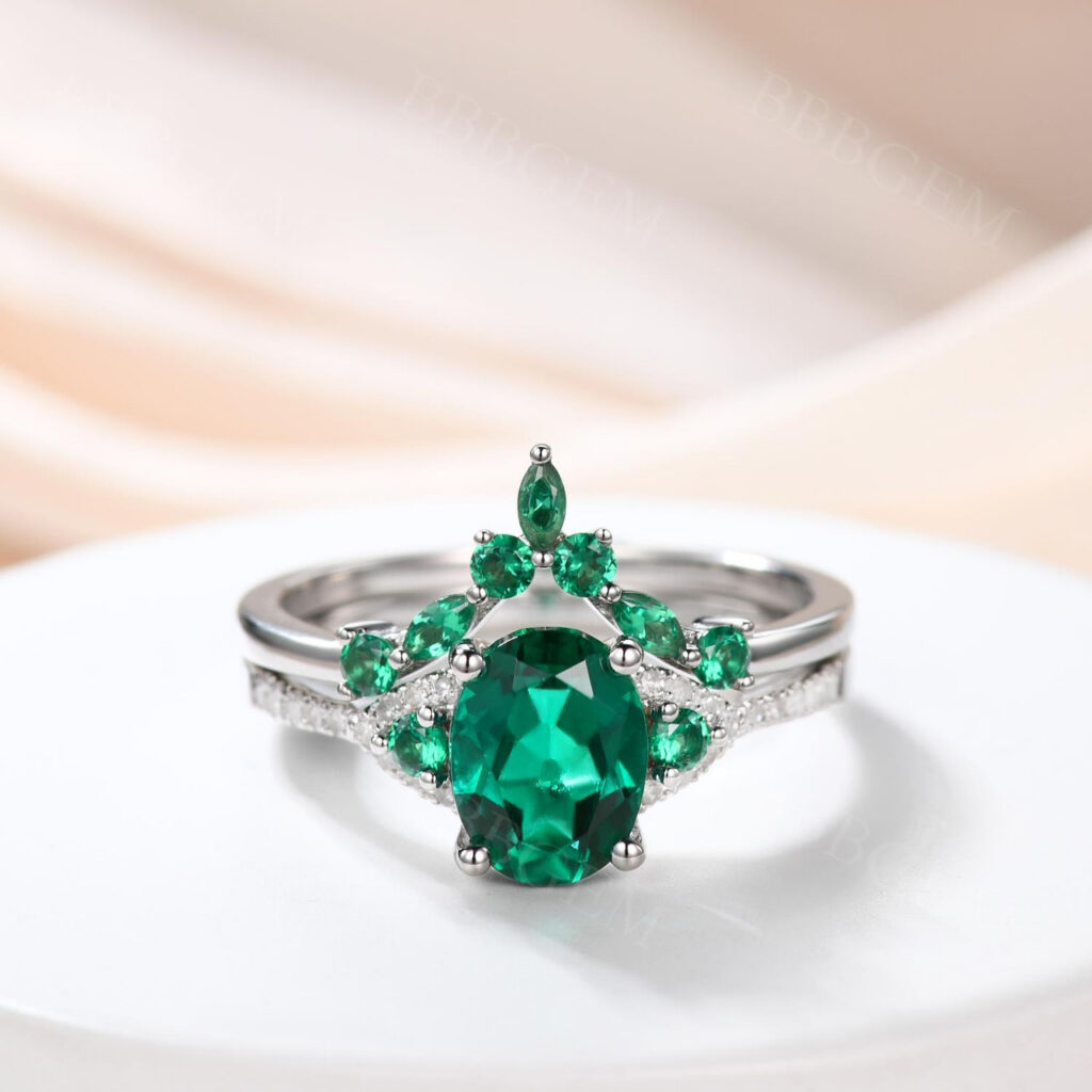 Emerald Bridal Set Oval Women Green Emerald Ring Set Bbbgem Vintage Curve Emerald Wedding Ring Sets 5 05382